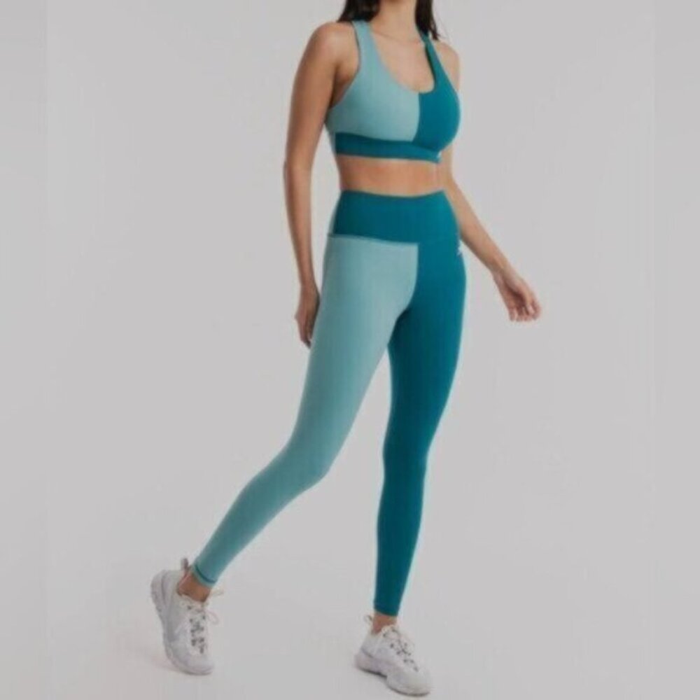 NWT BoxRaw Women's Blue & Green Lisa Brown Teal Leggings and Bra Top Set Size XS